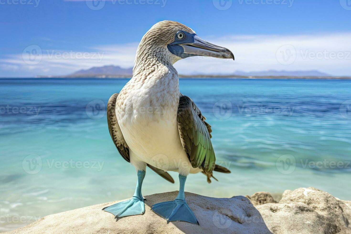 AI generated The rare blue-footed booby rests on the beach. AI Generated photo