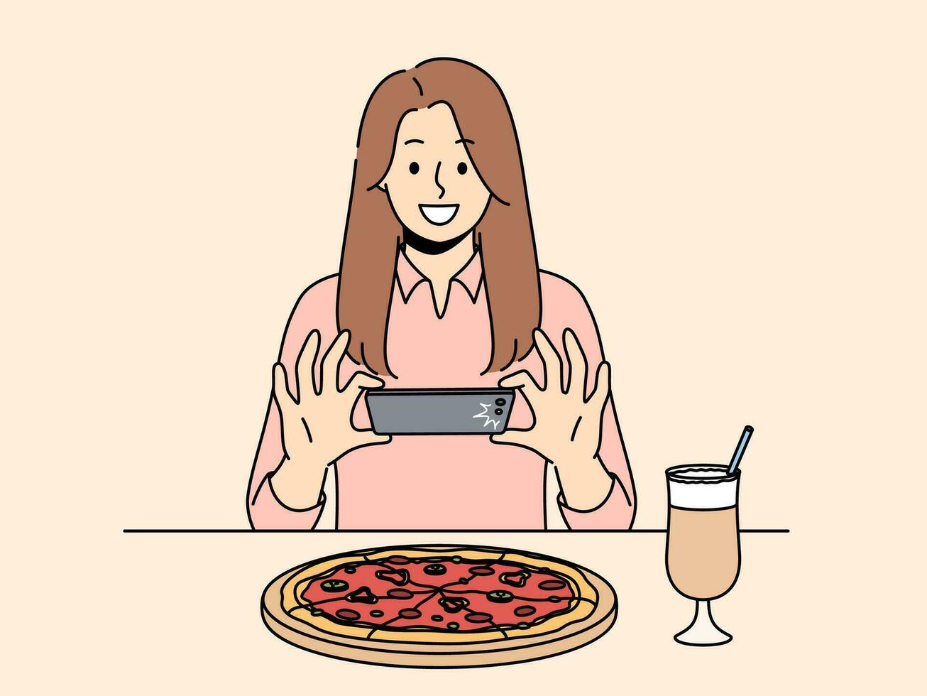 Woman takes picture of pizza on phone, wanting to make post on social network and talk about life. Girl blogger take shot of pizza while visiting restaurant of traditional italian cuisine vector