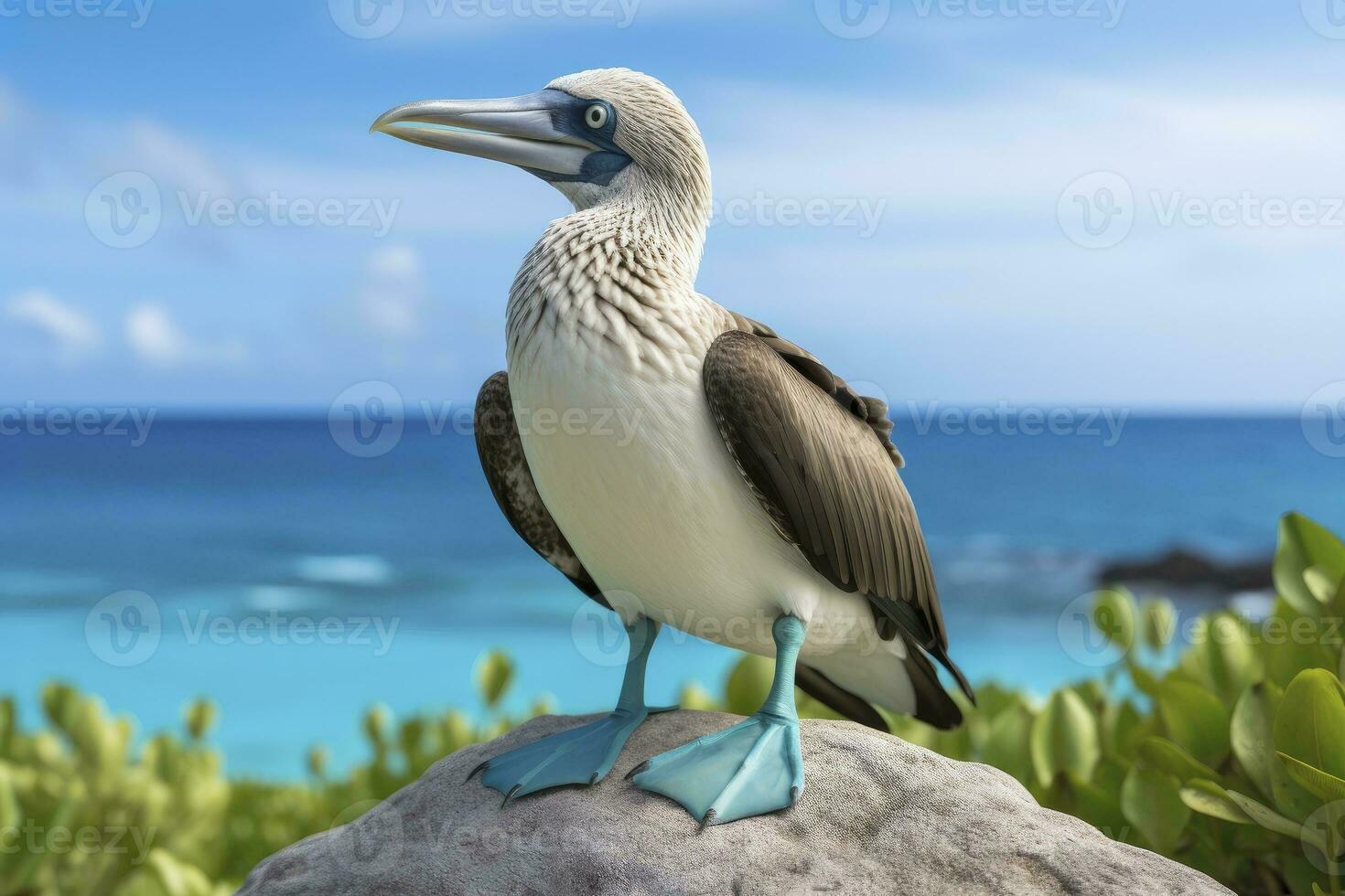 AI generated The rare blue-footed booby rests on the beach. AI Generated photo