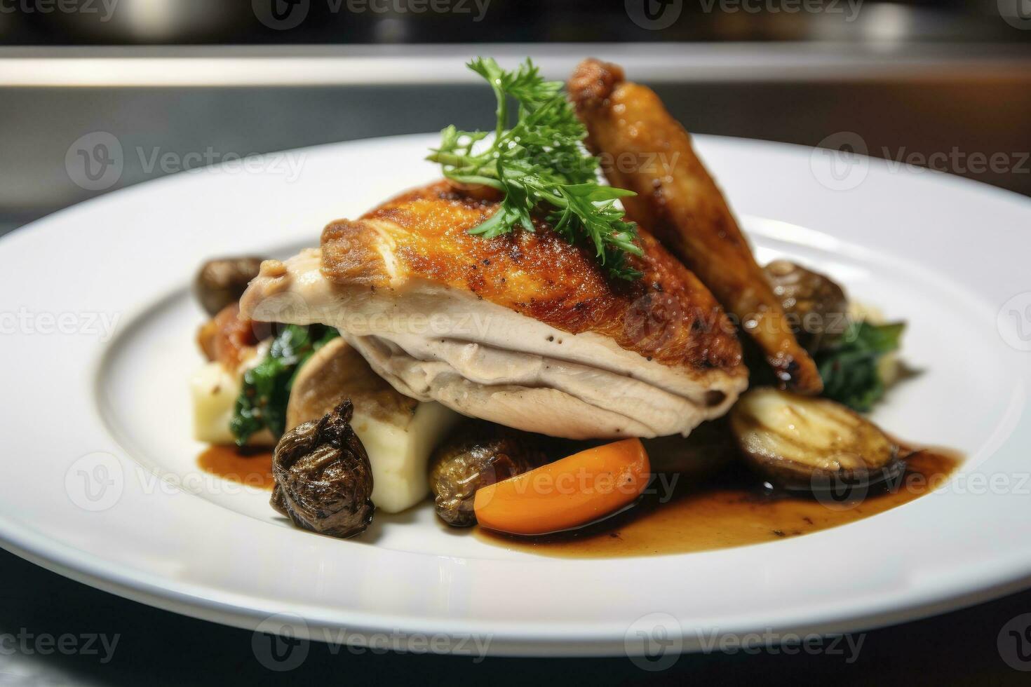 AI generated Plated chicken roast dinner on a white plate with carrot and morel mushroom. AI Generated. photo