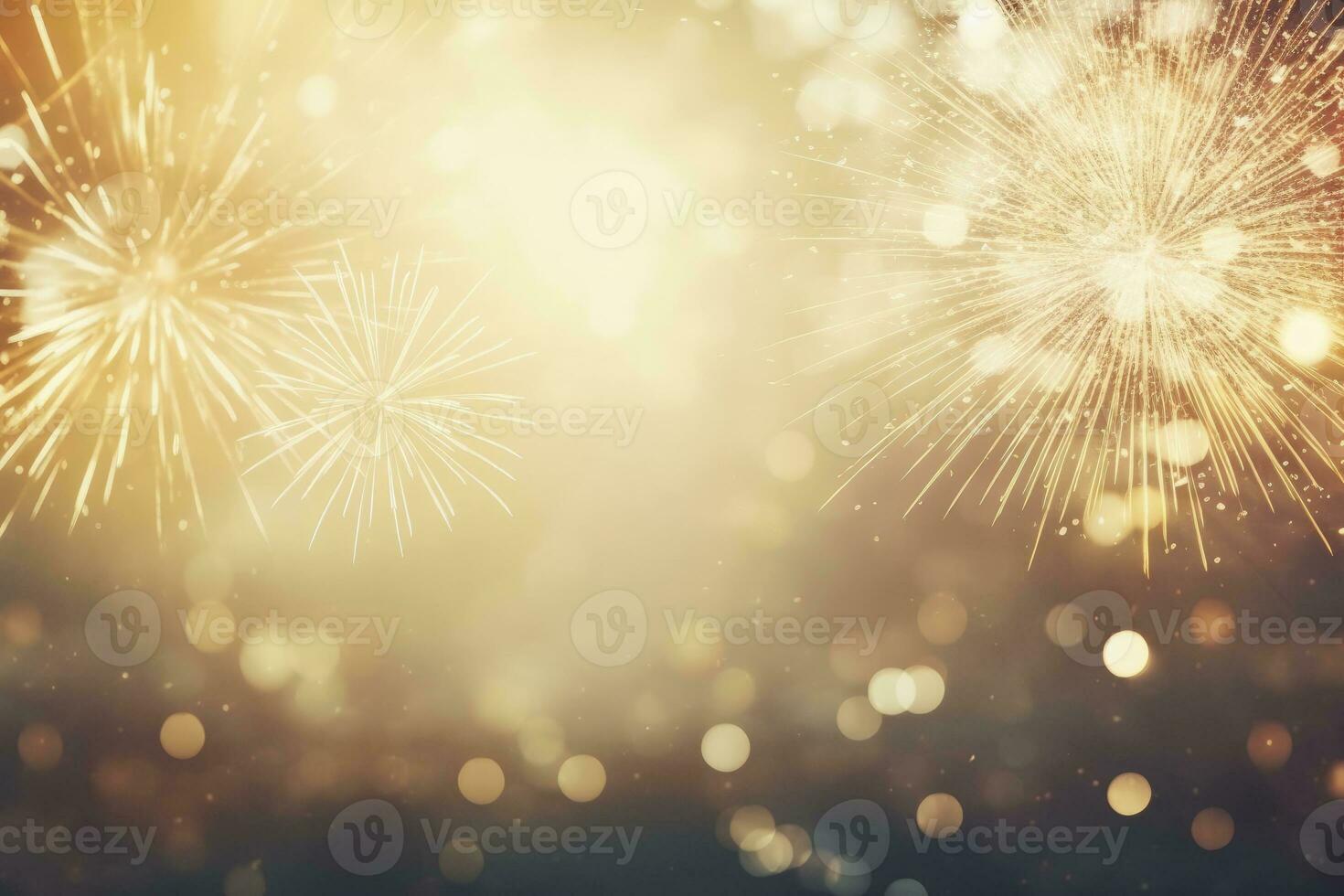 AI generated Gold Vintage Fireworks and bokeh on New Year's Eve and copy space. AI Generated photo