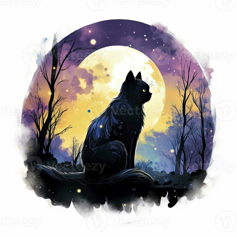 AI generated Black Cat in Moonlit Forest. Watercolor for T-shirt design. AI Generated photo