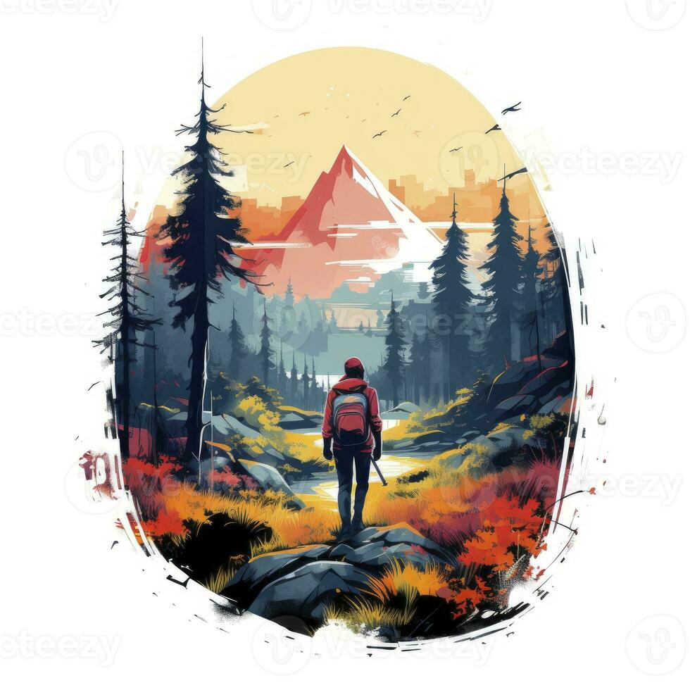 AI generated Vibrant colors wilderness hiking scene for t-shirt. AI Generated photo