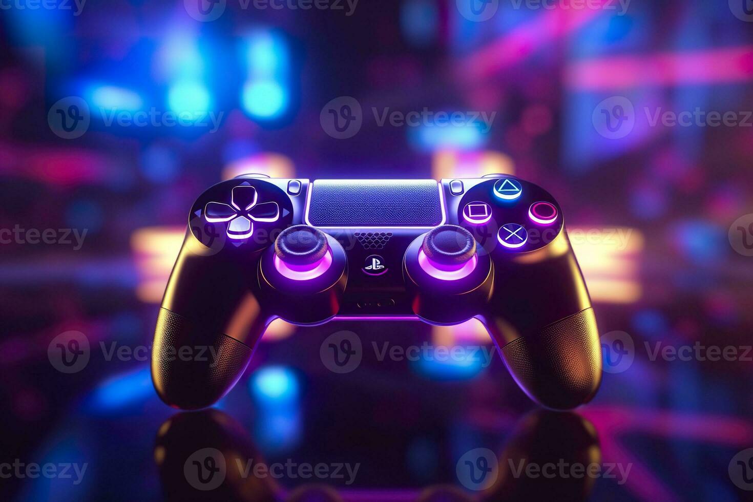 AI generated Video game controller with bright neon light streaks. Computer gamer background, 3D octane render. Game concept ideas.  AI Generative photo