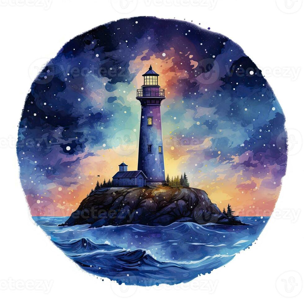 AI generated Lighthouse beside the sea at Night. watercolor for T-shirt design. AI Generated photo