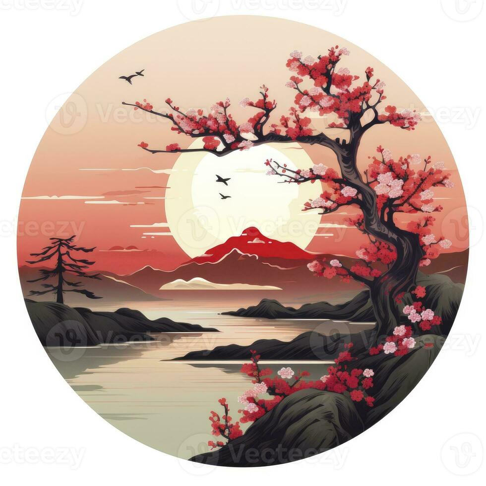 AI generated Cherry blossoms in the sunset background. Japanese tattoo style. AI Generated photo