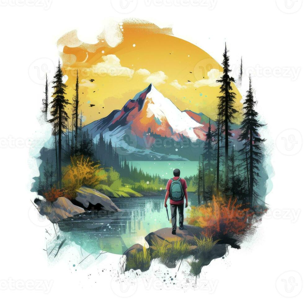 AI generated Vibrant colors wilderness hiking scene for t-shirt. AI Generated photo