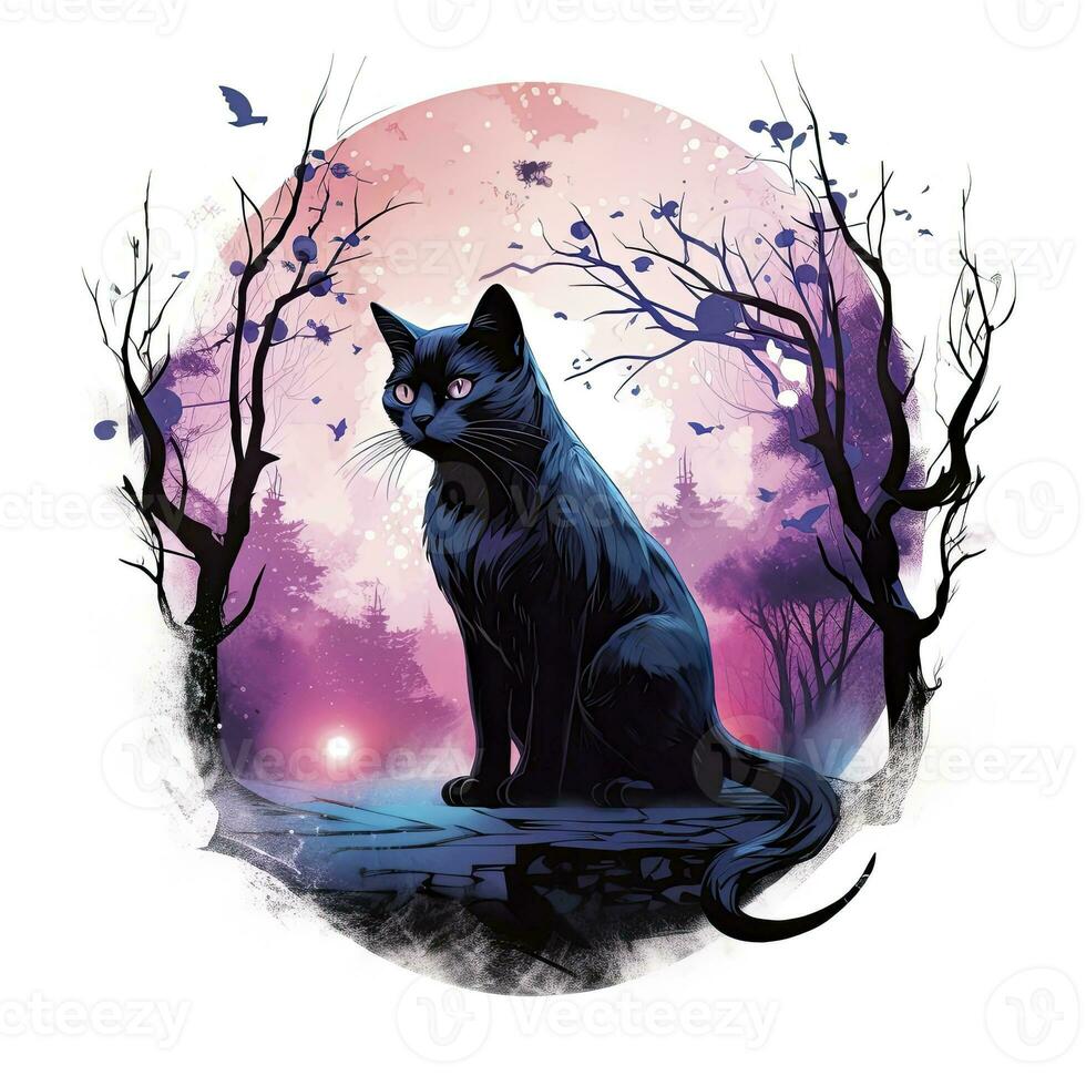 AI generated Black Cat in Moonlit Forest. Watercolor for T-shirt design. AI Generated photo