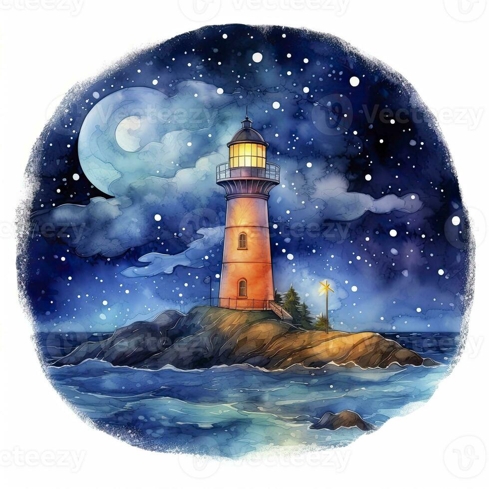 AI generated Lighthouse beside the sea at Night. watercolor for T-shirt design. AI Generated photo