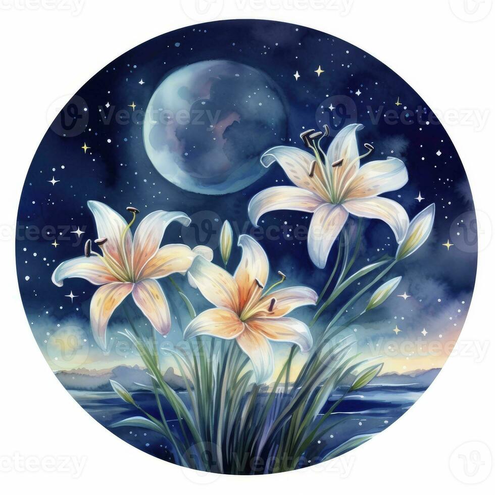 AI generated Watercolor fairy lilies blooming under a starry night sky on a white background. AI Generated photo