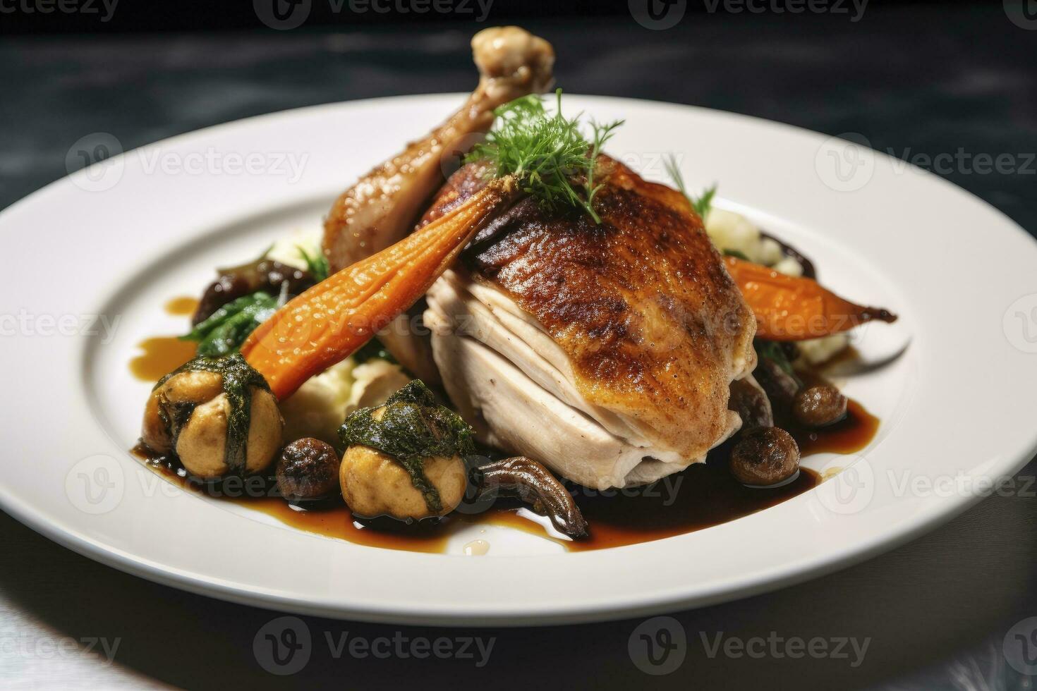 AI generated Plated chicken roast dinner on a white plate with carrot and morel mushroom. AI Generated. photo