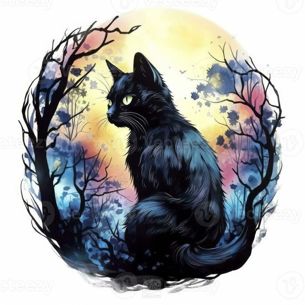 AI generated Black Cat in Moonlit Forest. Watercolor for T-shirt design. AI Generated photo