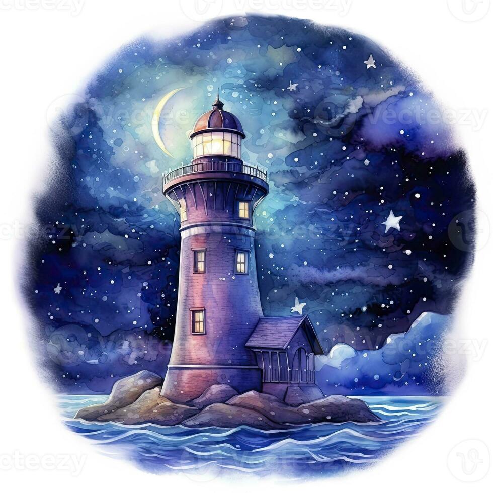 AI generated Lighthouse beside the sea at Night. watercolor for T-shirt design. AI Generated photo
