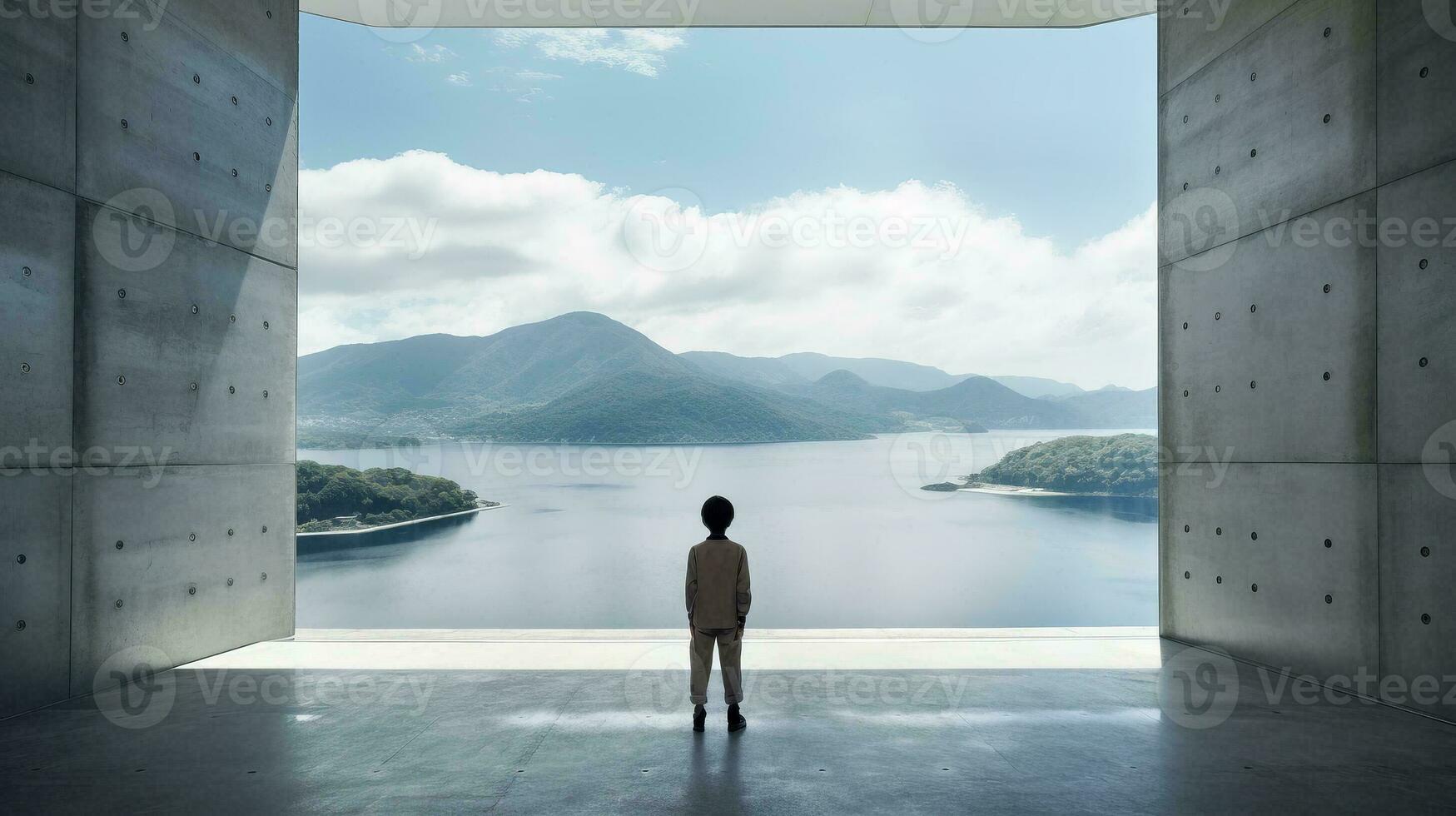 AI generated Man Gazing Through Window at Serene Water Scene photo
