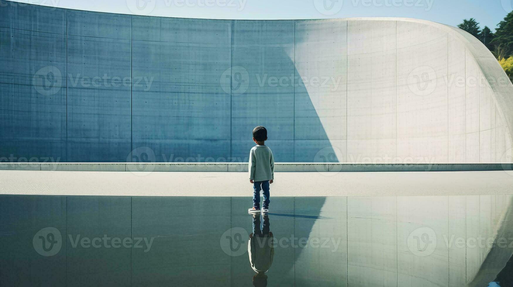 AI generated A Reflective Moment Young Boy Contemplating Life by the Pool photo