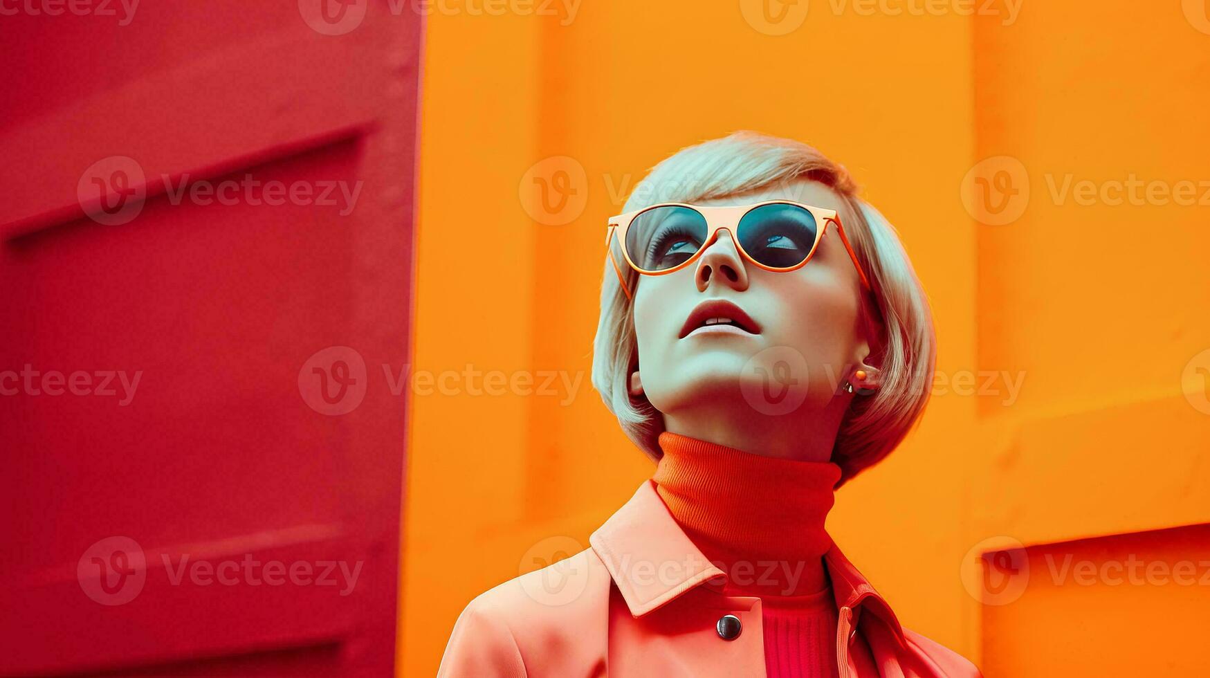 ai generado mujer en elegante Gafas de sol y rojo camisa foto