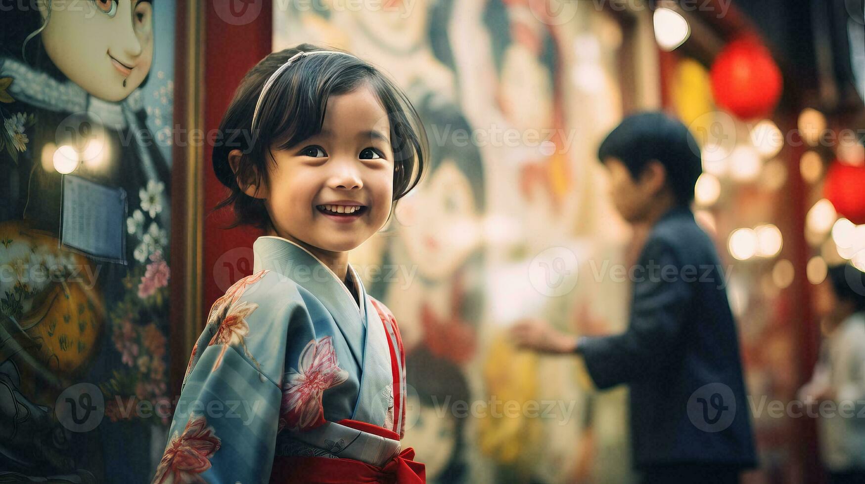 AI generated A Young Girl in a Kimono Admiring a Masterpiece photo