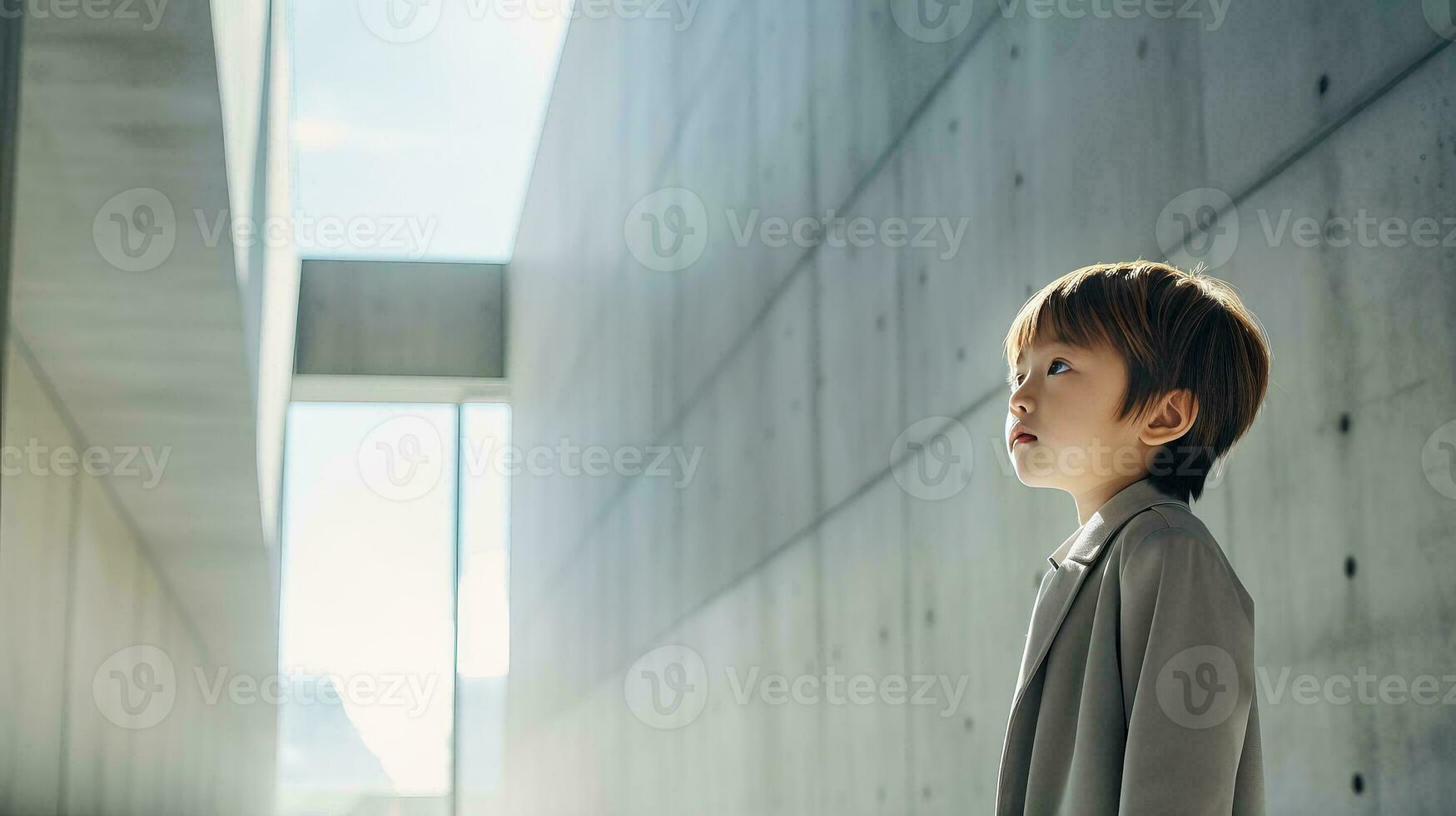 AI generated Young Boy Standing in Front of a Building photo