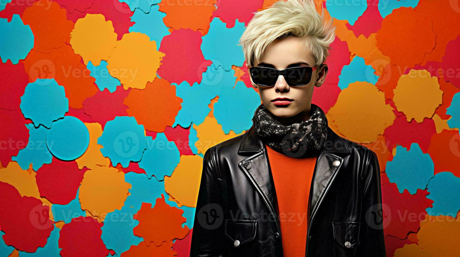 AI generated Blonde Woman with Sunglasses Posing in Front of Colorful Wall photo