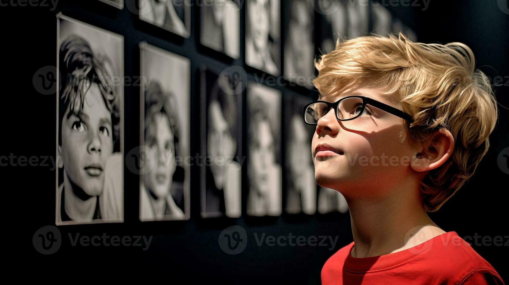 ai generado joven chico admirativo pared de imágenes foto