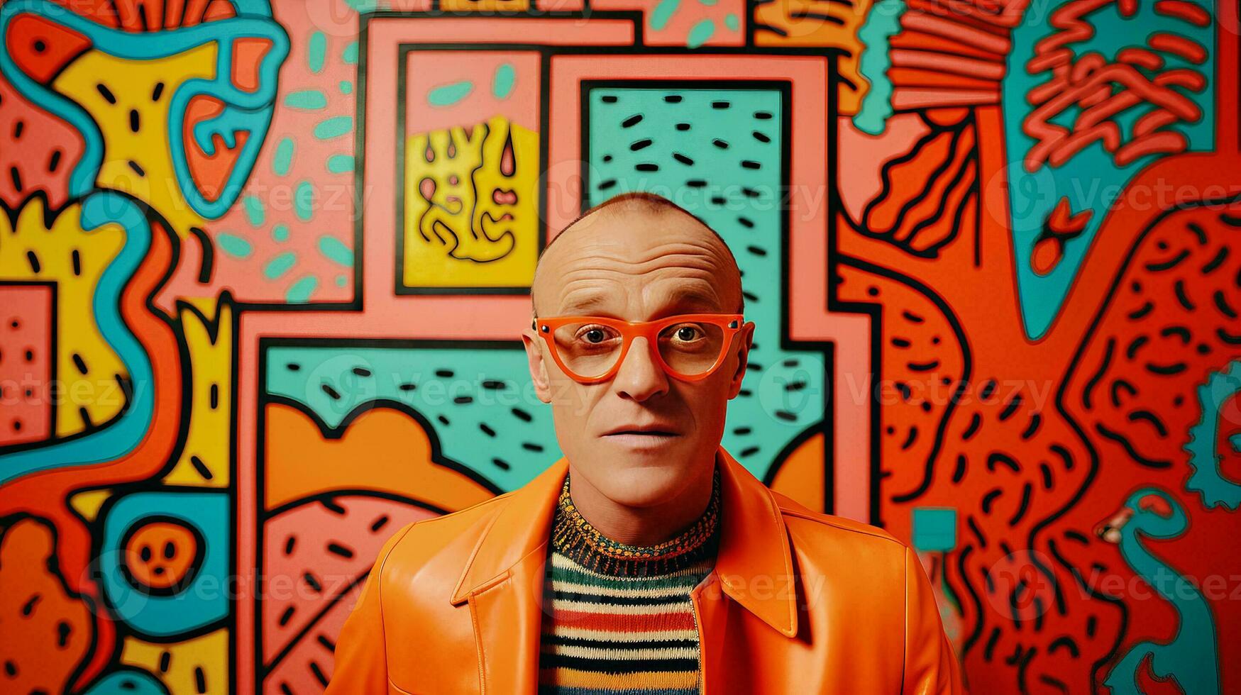 AI generated Colorful Wall with a Stylish Man Wearing Glasses photo