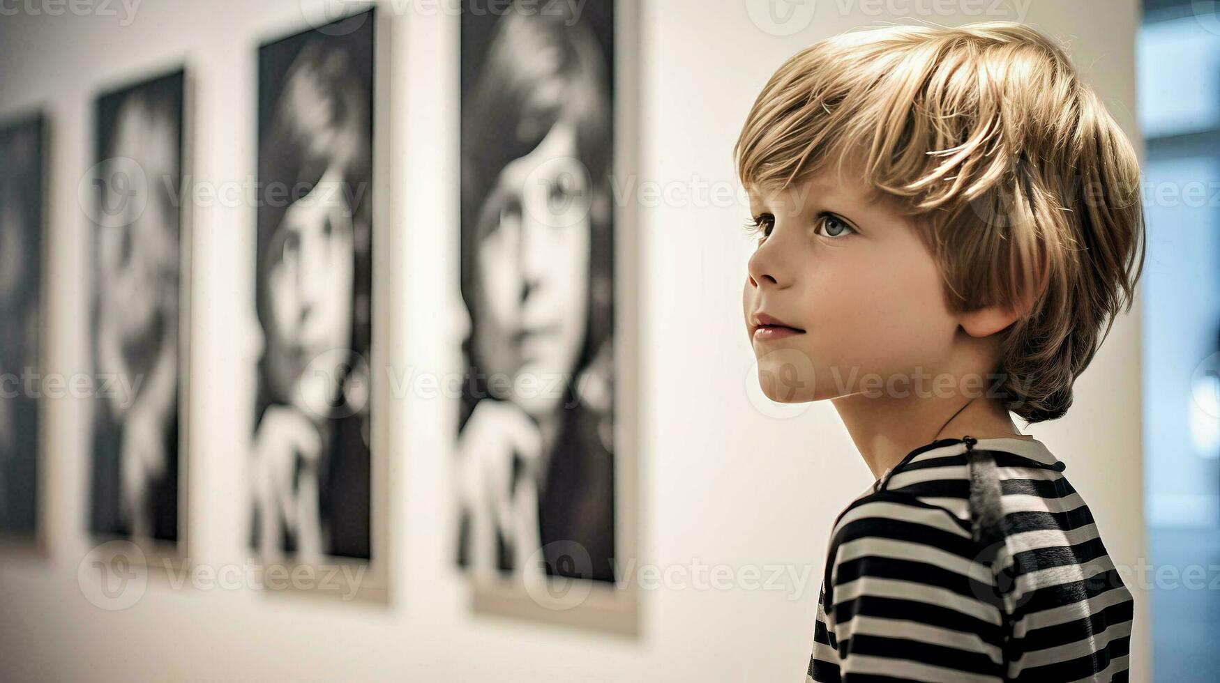 AI generated A Young Boy Observing a Wall Adorned with Pictures photo