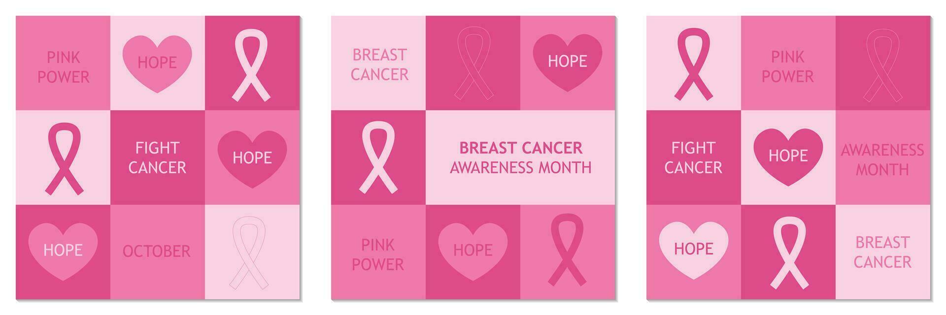 Breast Cancer Awareness Month. Set of greeting cards, banners, posters, covers. Trendy design with pink ribbons, heart and typography. Modern geometric minimalist style. Vector illustration