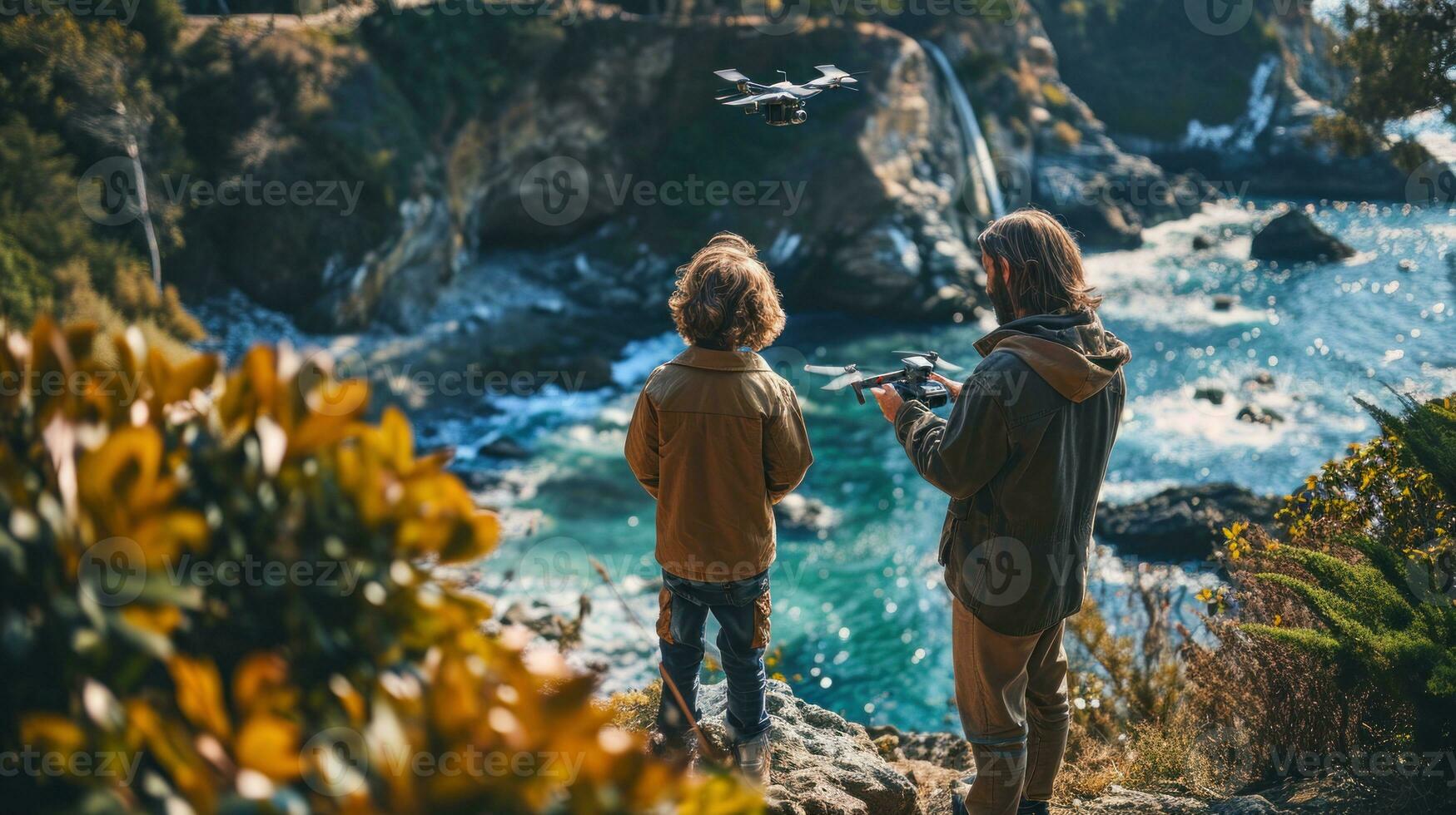 AI generated Father and son playing with drone in front of the waterfall. Travel and adventure concept. photo