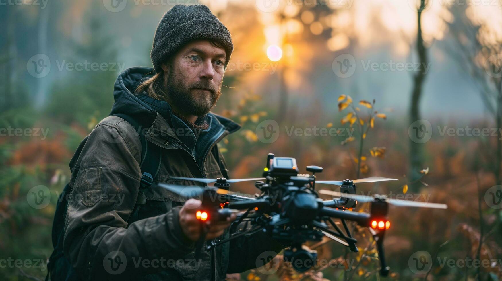 AI generated A man with a drone in the autumn forest. photo