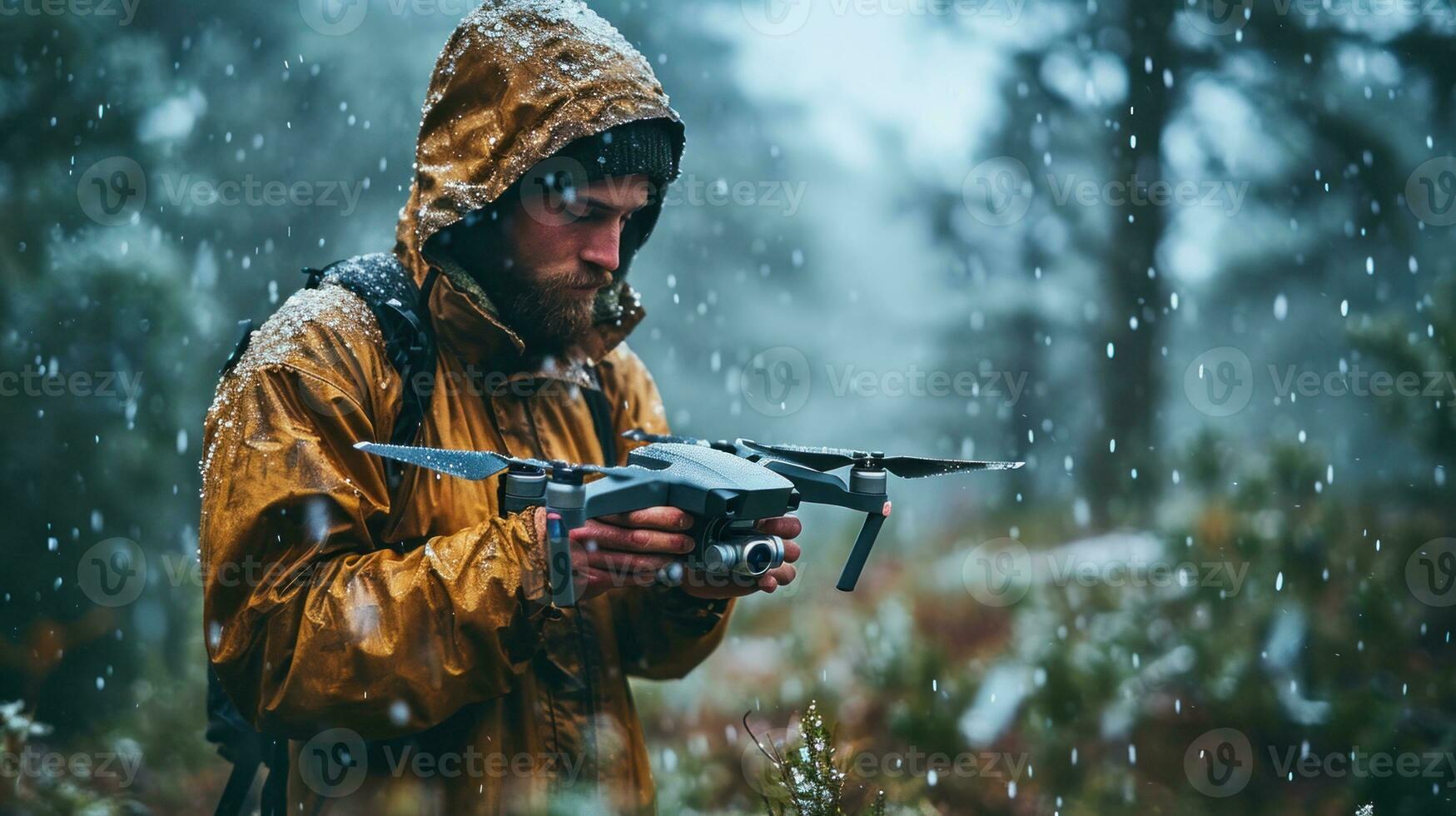 AI generated A man with a drone in the forest at winter with snow. Remote control. photo