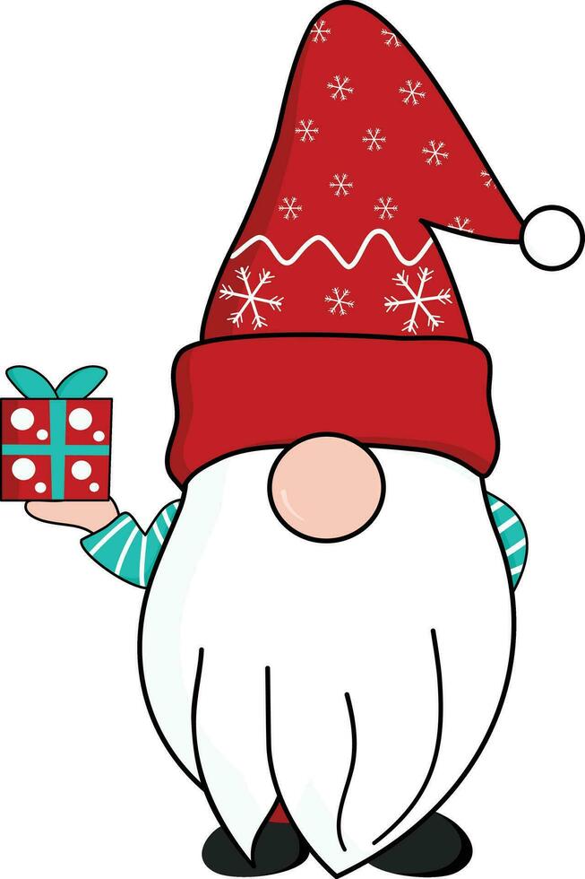 cute gnomes in red snowflakes Santa clause hat holding gift box up in hand. celebrate Christmas and New year. vector. vector