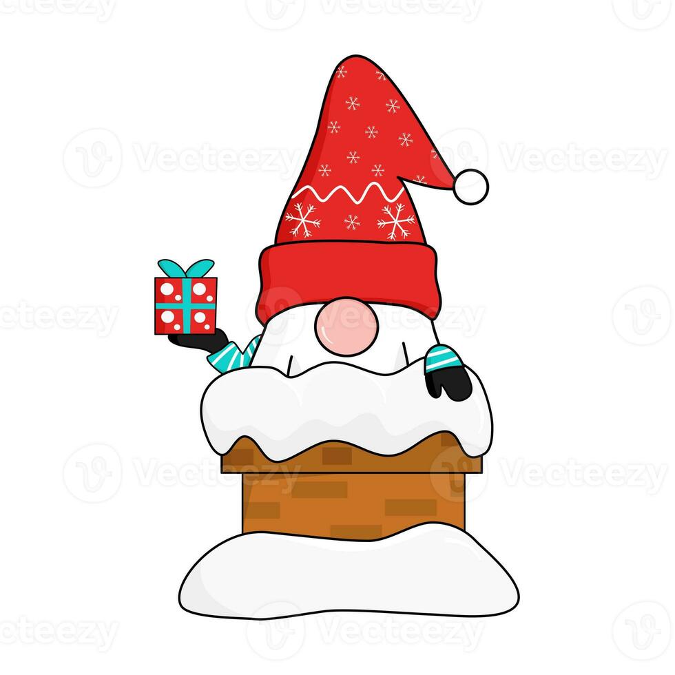 cute gnome in red snowflakes Santa clause hat show up from snow-covered bricks chimney holding gift box. greeting and celebrate Christmas and New year. vector photo