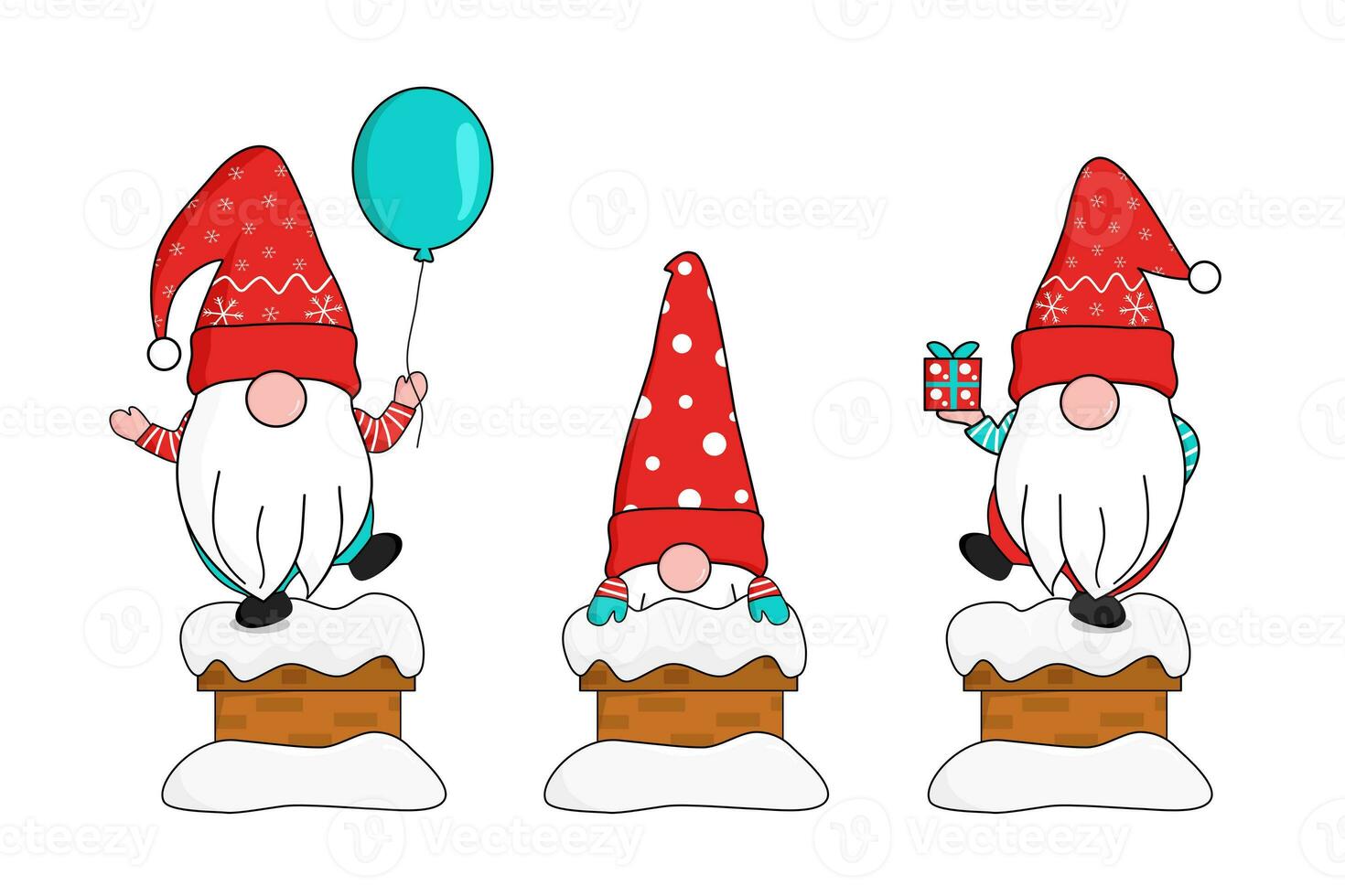 cute three gnomes in red snowflakes Santa clause hat show up from snow-covered chimney holding gift box and floating balloon. greeting and celebrate Christmas and New year. vector photo