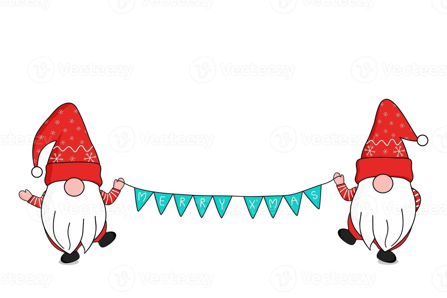 cute two gnomes dancing in red Santa clause hat holding triangle flags together celebrate Christmas and New year. vector photo