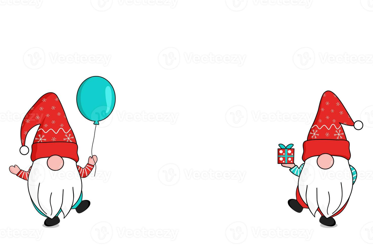 cute two happy gnomes in red snowflakes Santa clause hat standing on one foot holding gift box and floating balloon at the lower corner. greeting celebrate Christmas and New year. vector photo