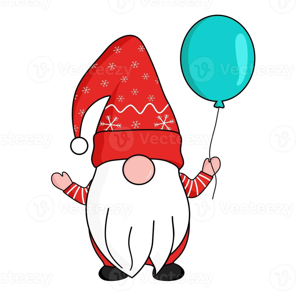 cute gnomes in red snowflakes Santa clause hat holding floating blue balloon in hand. celebrate Christmas and New year. vector photo