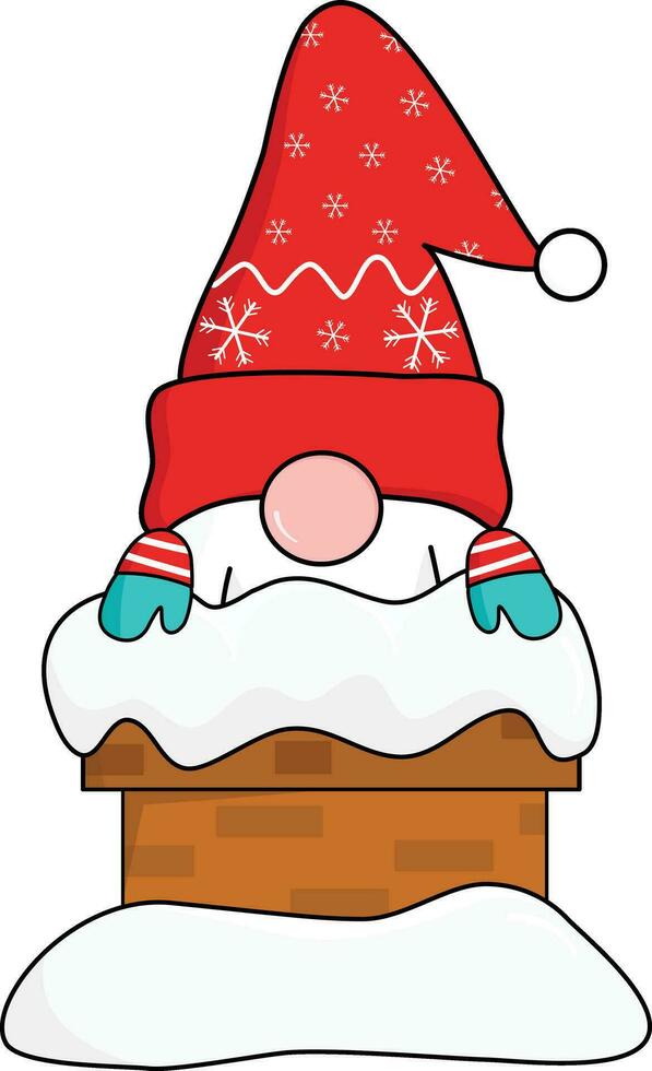 linda gnomos en rojo copos de nieve Papa Noel cláusula sombrero espectáculo arriba desde cubierto de nieve Chimenea a saludo y celebrar Navidad y nuevo año. vector