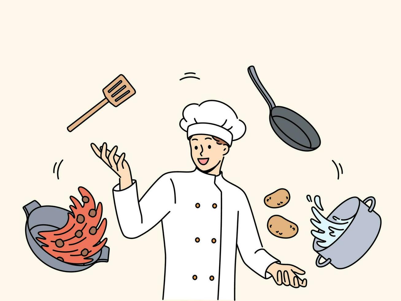 Man cook in white uniform and cap stands among flying pots and ingredients for cooking delicious soup. Professional guy cafe cook comes up with recipe for new dish for restaurant menu vector