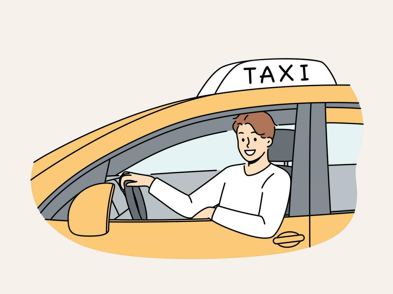 Man sits behind wheel of TAXI car and looks out window making career as public transport driver. Positive young guy TAXI driver looks at screen offering to get home quickly and safely vector