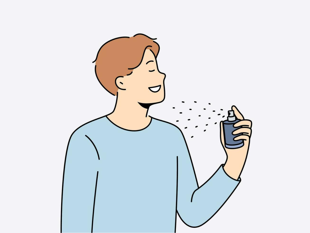 Man holds bottle of perfume and uses it before date with girl to exude good scent. Young guy in casual t-shirt closing eyes, applies perfume or deodorant to body to get rid of bad smell. vector