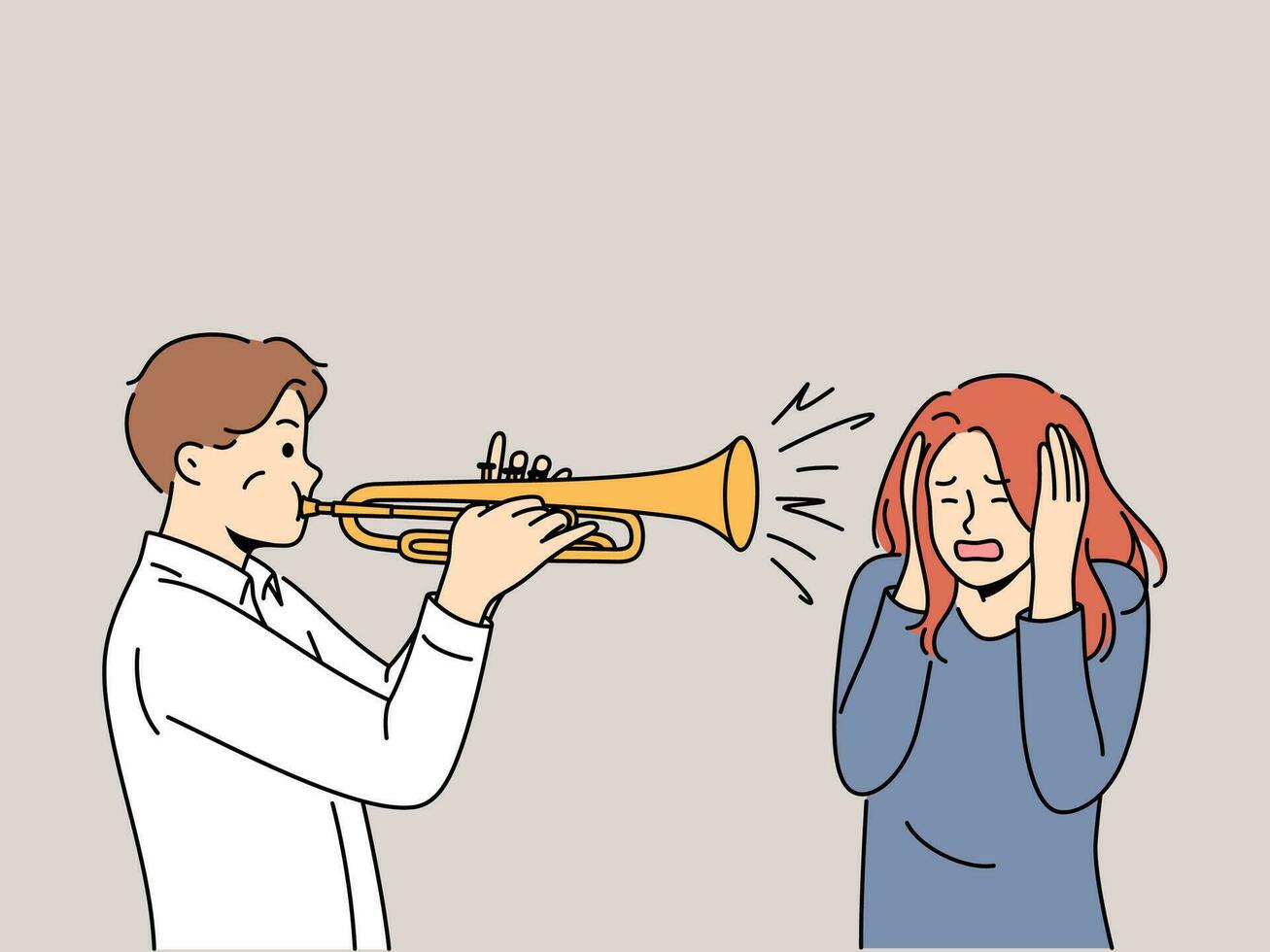 Man plays trumpet near woman covering ears, for concept trumpeter lack musical talent. Guy who wants to become professional musician learns to play compositions on trumpet and interferes with others vector