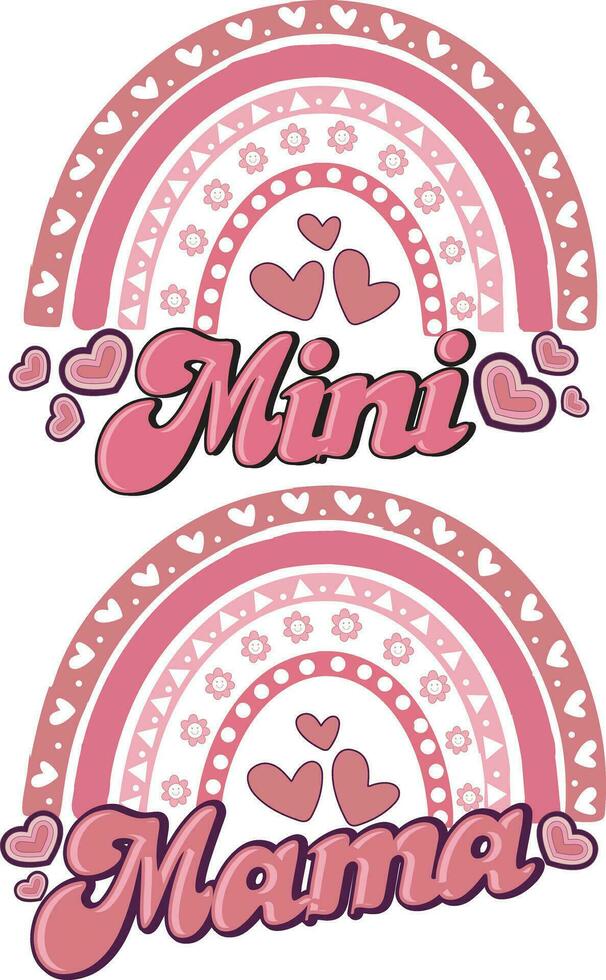 Mama and Mini Rainbow Valentine Matching T Shirt Design vector