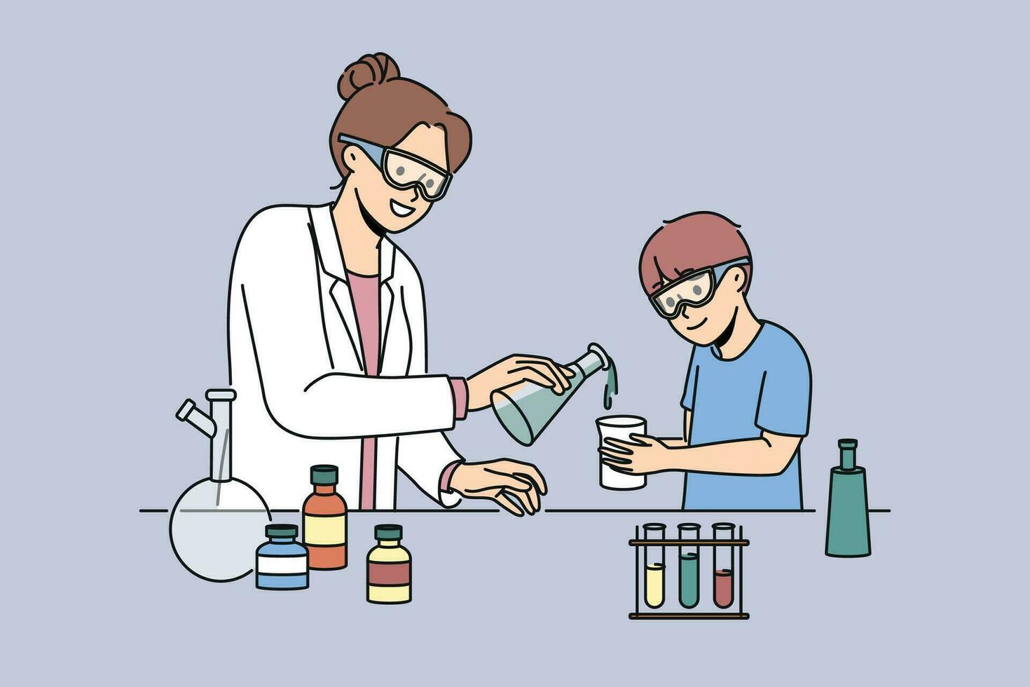 Woman teacher of chemistry teaches boy to conduct laboratory experiments and mix reagents in test tubes. School laboratory with flasks filled with chemical liquids for teaching children vector