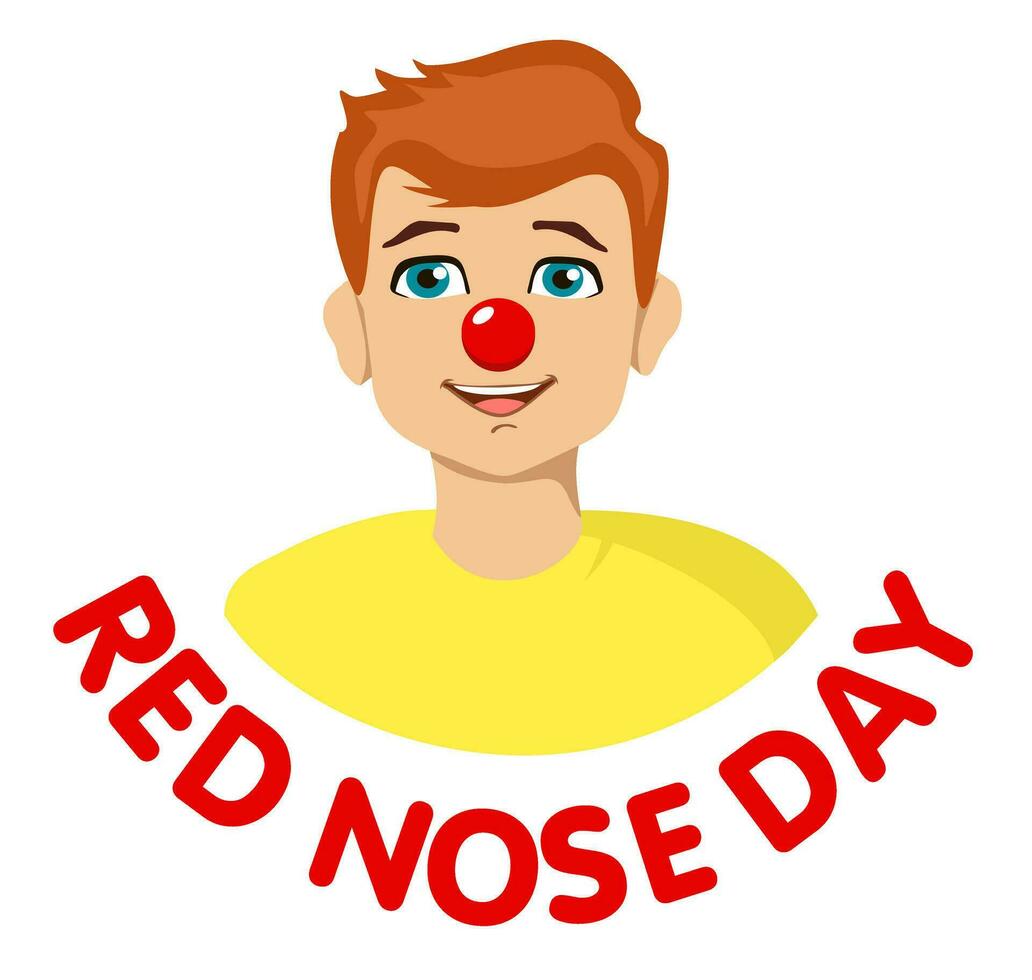 A smiling man has a red nose on his face. Vector illustration dedicated to the Red Nose Day. Of red nose day campaign where people do funny things to raise money for charity. For postcard, banner.