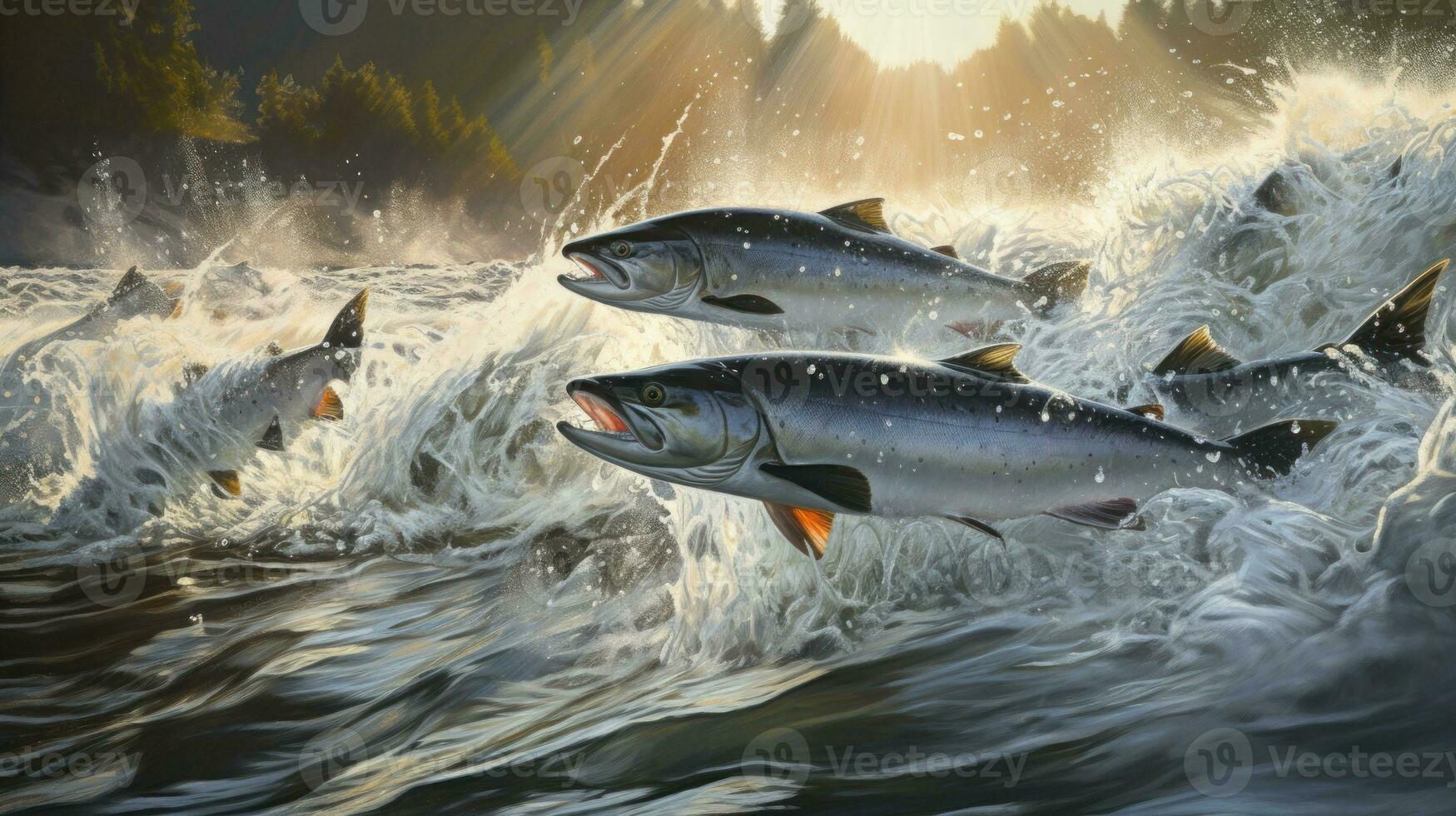A herd of salmon leaped from the swift river Its silver scales glistened in the sunlight photo