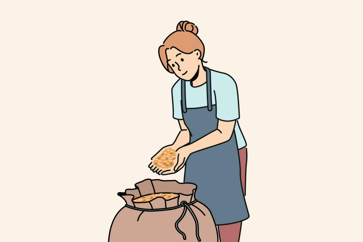 Woman stands near bag of malt for production of craft beer and collects hop grains in palms. Girl in apron works in agricultural factory preparing grains of prosso or wheat for processing. vector