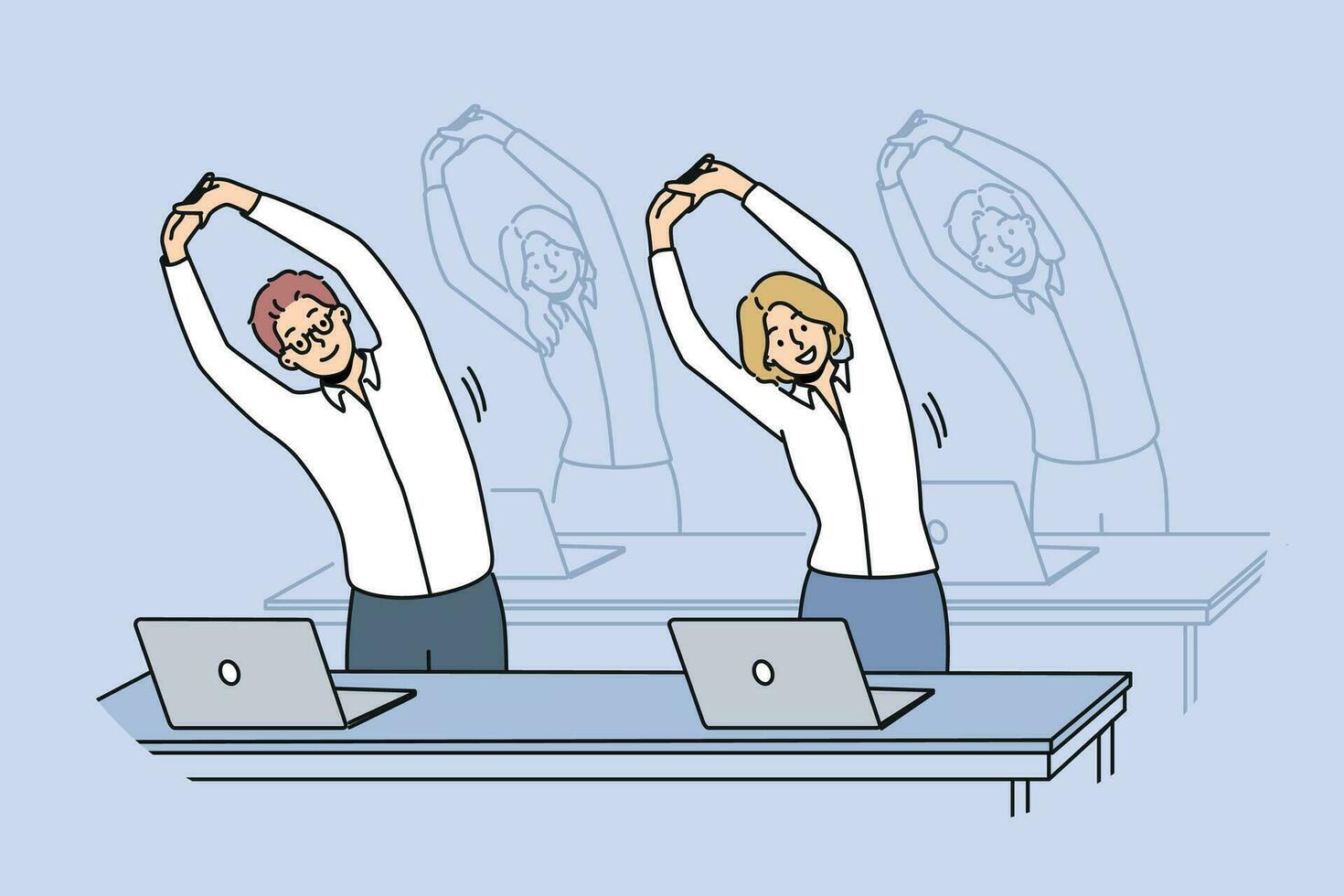Office workers do exercises standing at workplaces and stretching arms up. Business men and women doing office fitness to increase work productivity or fight diseases associated with sedentary work vector
