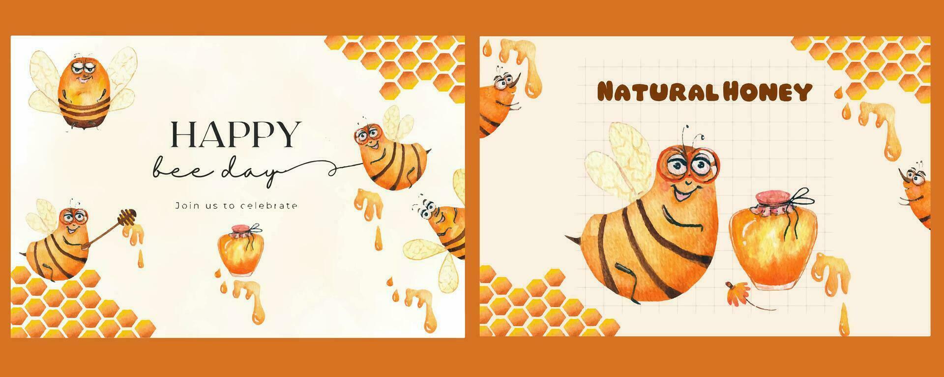 Set of 2 postcards of natural honey. All elements are painted with watercolors. vector