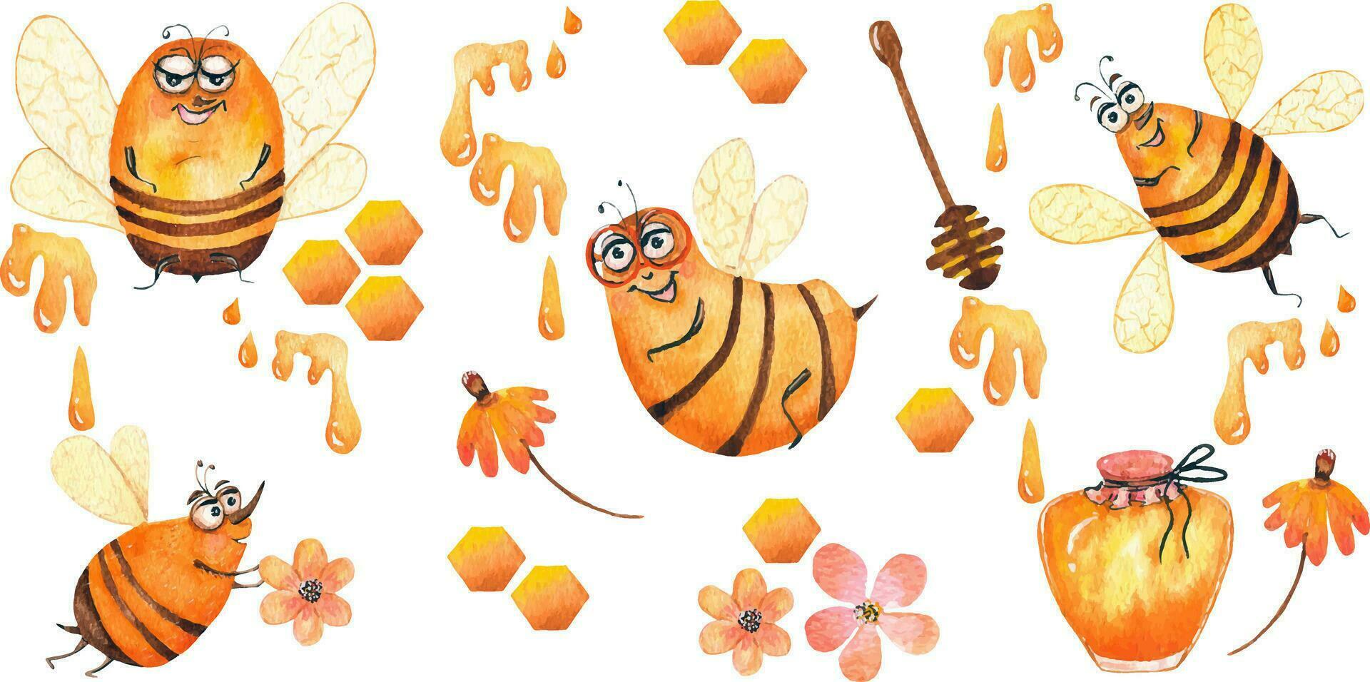 Collection of 15 elements of bees with honey. Watercolor vector