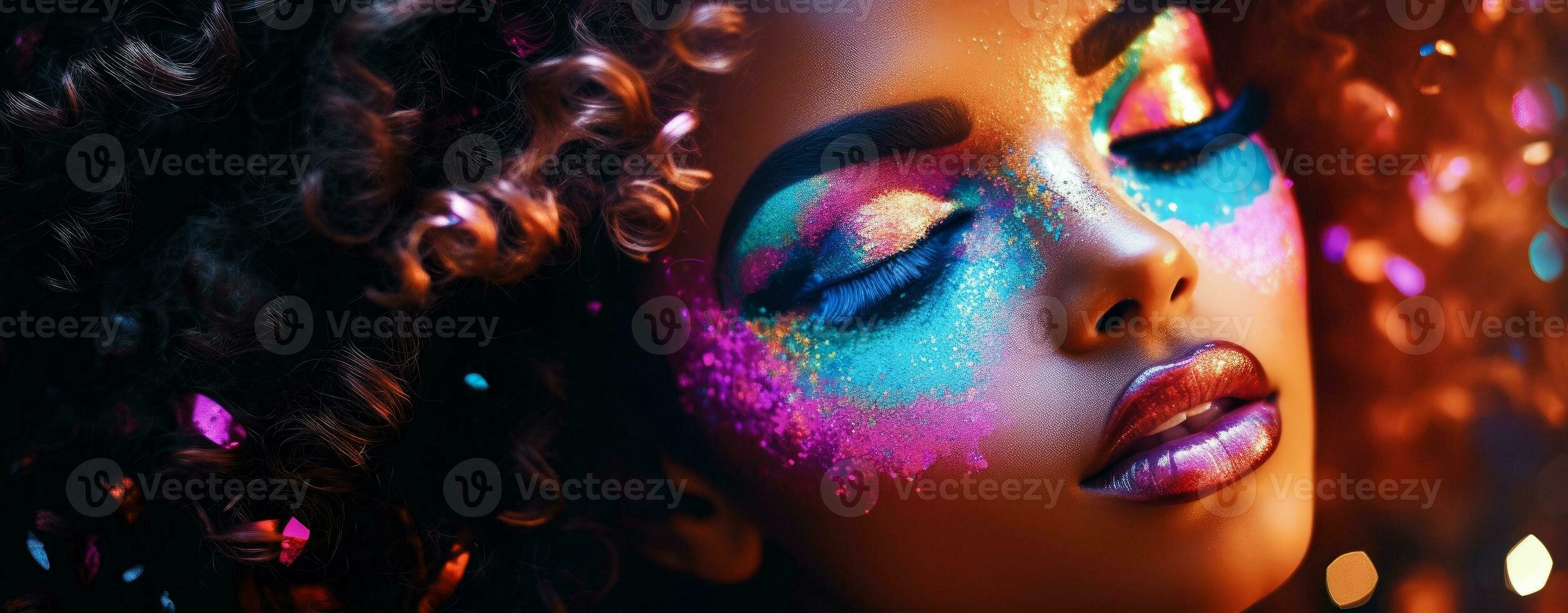 AI generated Close up portrait of a beautiful model with amazing colourful makeup photo